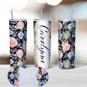 Navy blue floral gold flake stainless customized name tumbler and car coasters